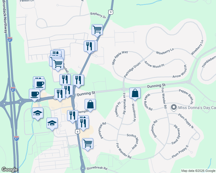 map of restaurants, bars, coffee shops, grocery stores, and more near 110 Dunning Street in Ballston Spa