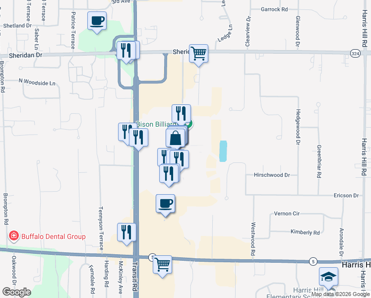 map of restaurants, bars, coffee shops, grocery stores, and more near 4545 Transit Road in Buffalo