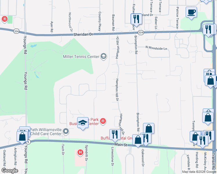 map of restaurants, bars, coffee shops, grocery stores, and more near 53 Old Tower Lane in Erie County