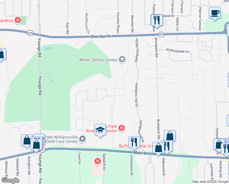 map of restaurants, bars, coffee shops, grocery stores, and more near 106 Old Tower Lane in Buffalo