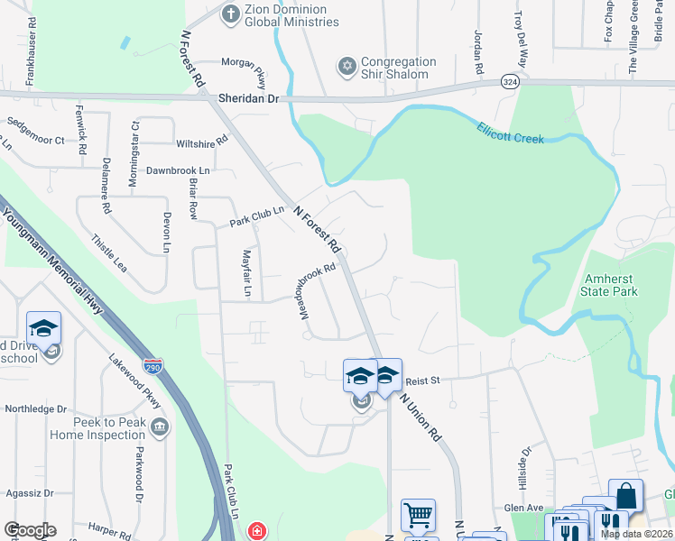 map of restaurants, bars, coffee shops, grocery stores, and more near 440 North Forest Road in Buffalo