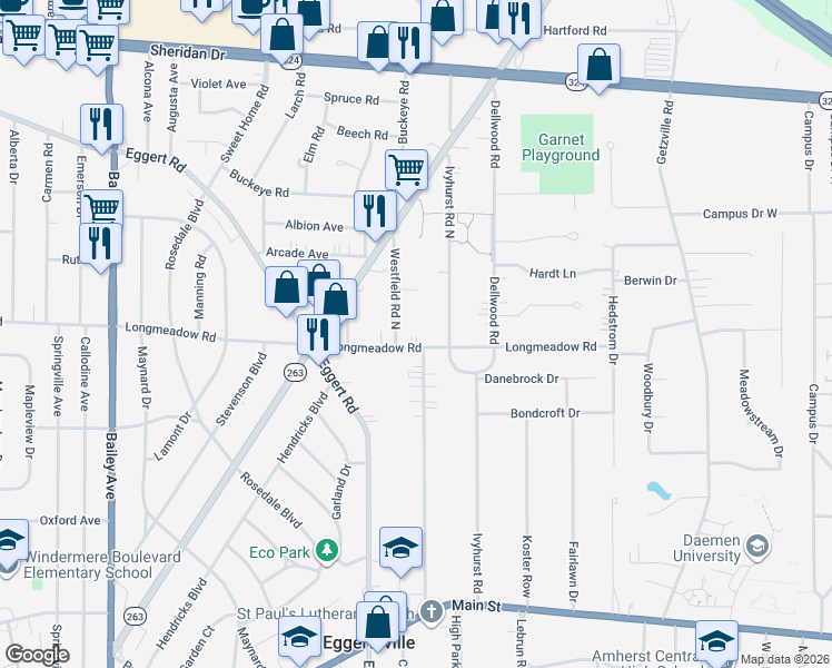 map of restaurants, bars, coffee shops, grocery stores, and more near 556 Longmeadow Road in Buffalo