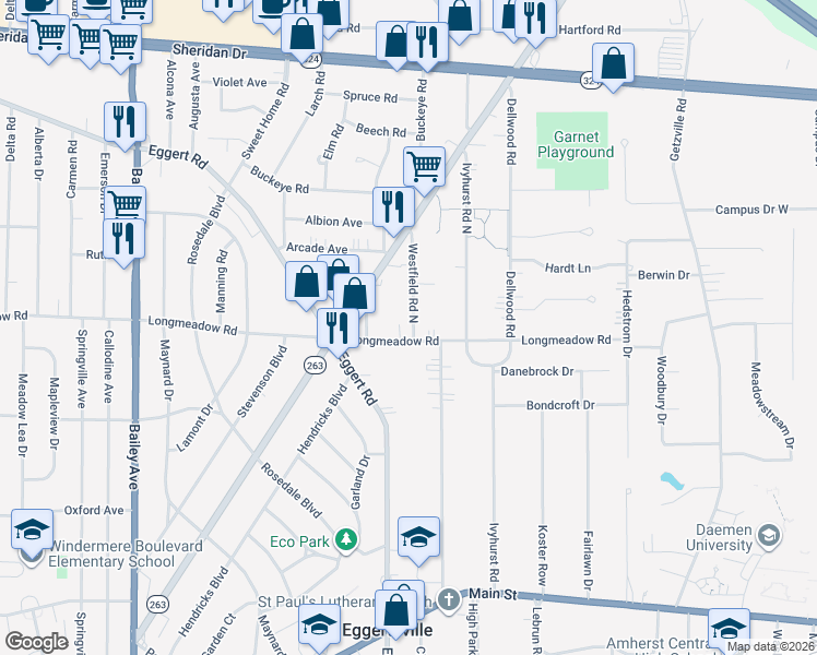 map of restaurants, bars, coffee shops, grocery stores, and more near 556 Longmeadow Road in Buffalo