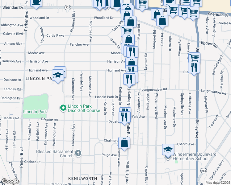 map of restaurants, bars, coffee shops, grocery stores, and more near 174 Kettering Drive in Buffalo