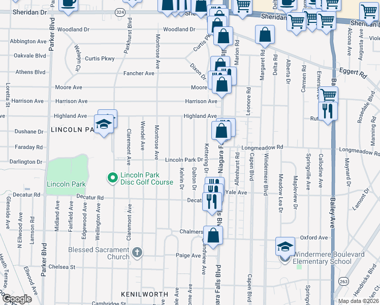 map of restaurants, bars, coffee shops, grocery stores, and more near 171 Kelvin Drive in Buffalo