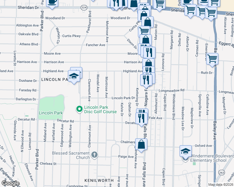 map of restaurants, bars, coffee shops, grocery stores, and more near 172 Conant Drive in Buffalo