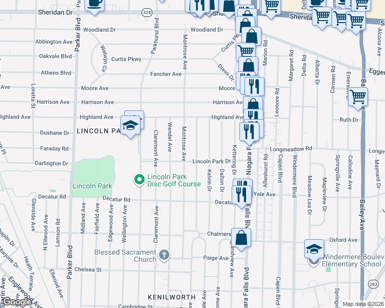 map of restaurants, bars, coffee shops, grocery stores, and more near 172 Conant Drive in Buffalo