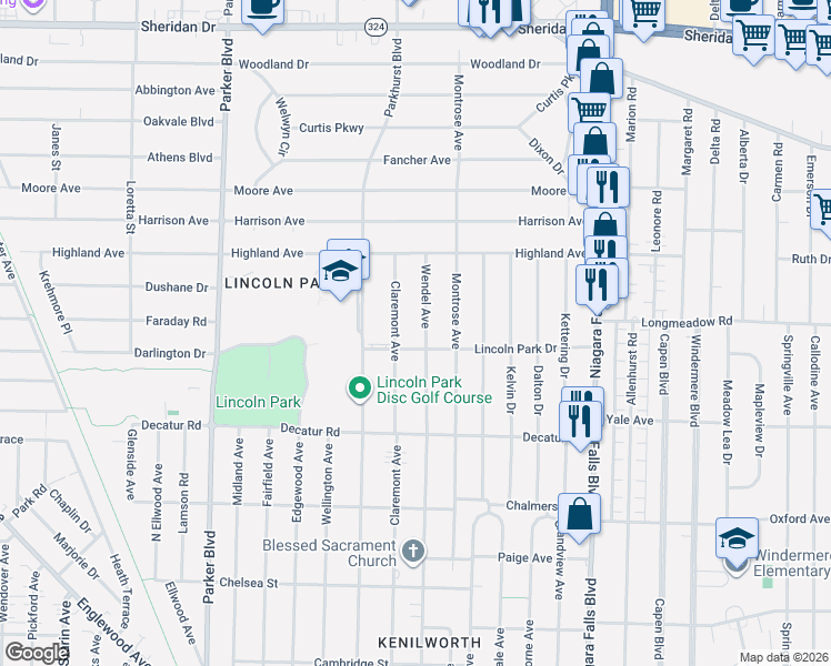 map of restaurants, bars, coffee shops, grocery stores, and more near 495 Claremont Avenue in Buffalo