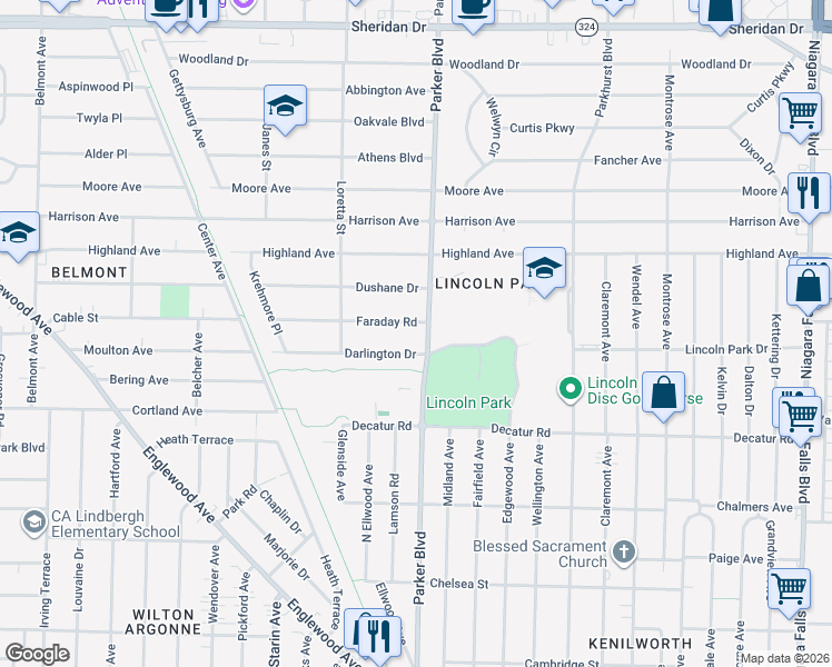 map of restaurants, bars, coffee shops, grocery stores, and more near 379 Faraday Road in Buffalo