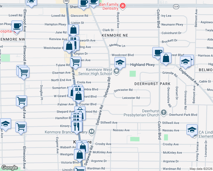 map of restaurants, bars, coffee shops, grocery stores, and more near 112 Columbia Boulevard in Buffalo