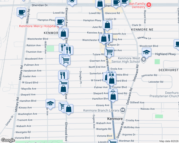 map of restaurants, bars, coffee shops, grocery stores, and more near 89 Somerton Avenue in Kenmore
