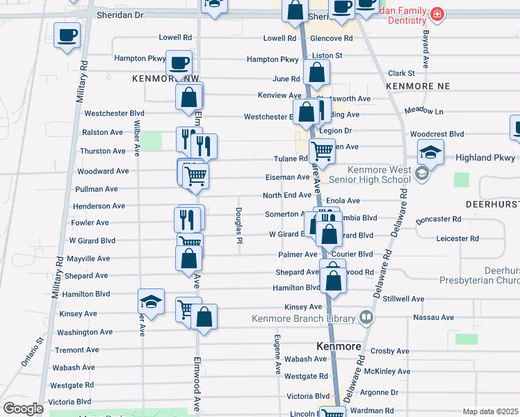 map of restaurants, bars, coffee shops, grocery stores, and more near 89 Somerton Avenue in Kenmore