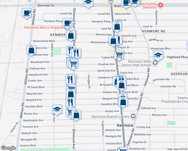 map of restaurants, bars, coffee shops, grocery stores, and more near 127 Somerton Avenue in Kenmore