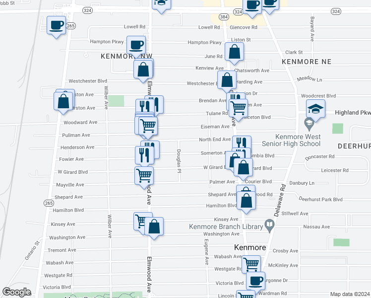 map of restaurants, bars, coffee shops, grocery stores, and more near 127 Somerton Avenue in Kenmore