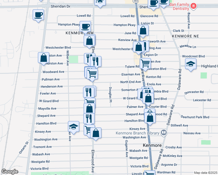 map of restaurants, bars, coffee shops, grocery stores, and more near 127 Somerton Avenue in Kenmore