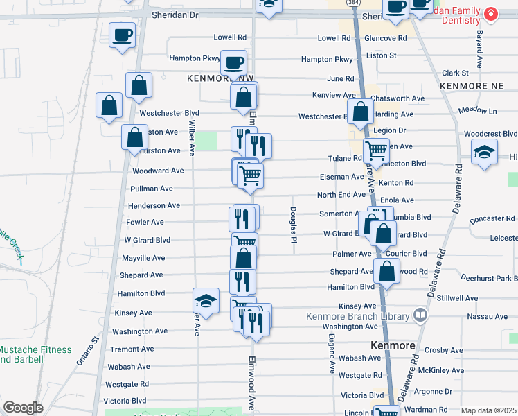 map of restaurants, bars, coffee shops, grocery stores, and more near 2740 Elmwood Avenue in Kenmore
