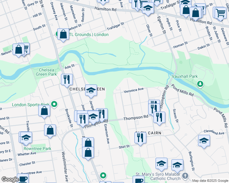 map of restaurants, bars, coffee shops, grocery stores, and more near 95 Chesterfield Avenue in London
