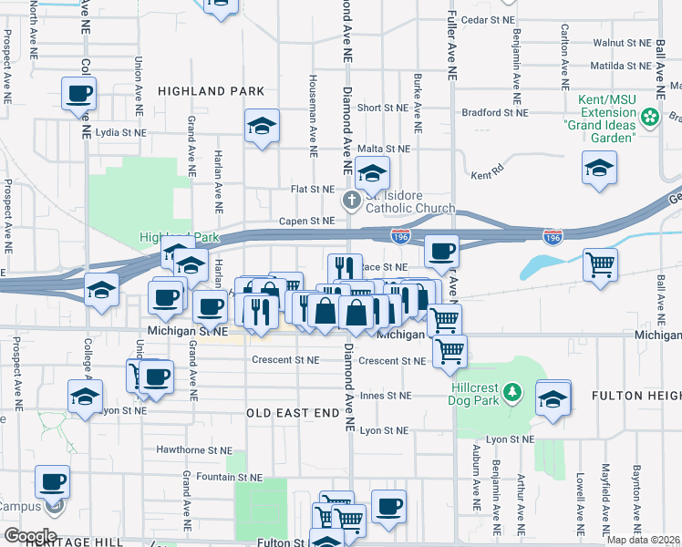 map of restaurants, bars, coffee shops, grocery stores, and more near 468 Tuttle Avenue Northeast in Grand Rapids