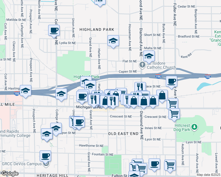 map of restaurants, bars, coffee shops, grocery stores, and more near 467 Emerald Avenue Northeast in Grand Rapids