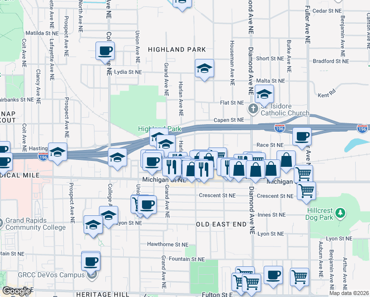map of restaurants, bars, coffee shops, grocery stores, and more near 525 Eastern Avenue Northeast in Grand Rapids