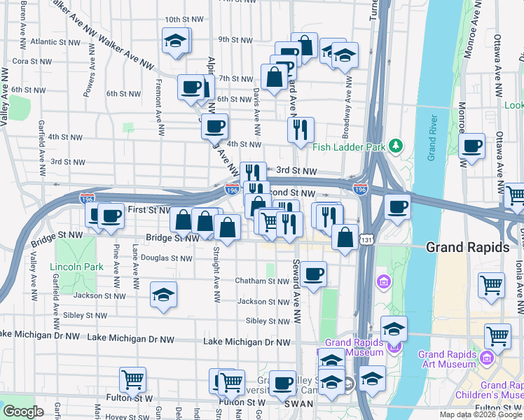 map of restaurants, bars, coffee shops, grocery stores, and more near 643 First Street Northwest in Grand Rapids