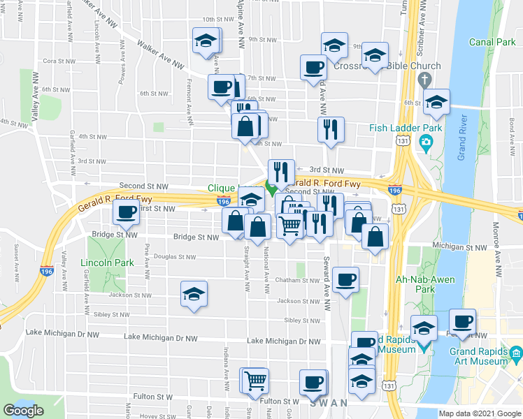 map of restaurants, bars, coffee shops, grocery stores, and more near 723 First Street Northwest in Grand Rapids
