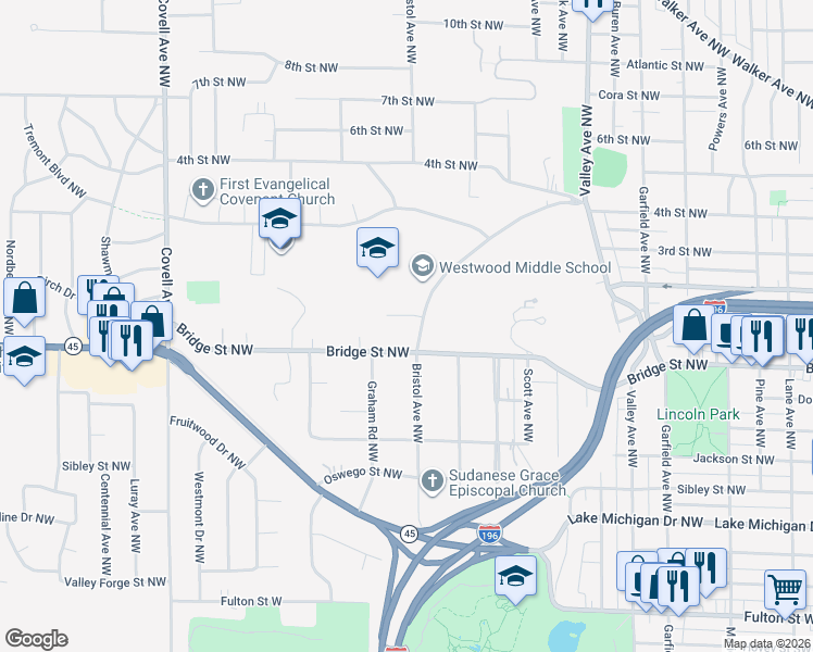 map of restaurants, bars, coffee shops, grocery stores, and more near 1582 Mount Mercy Drive Northwest in Grand Rapids