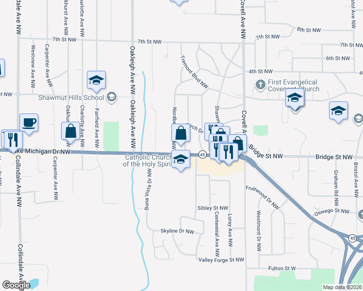 map of restaurants, bars, coffee shops, grocery stores, and more near 420 Newberg Avenue Northwest in Grand Rapids
