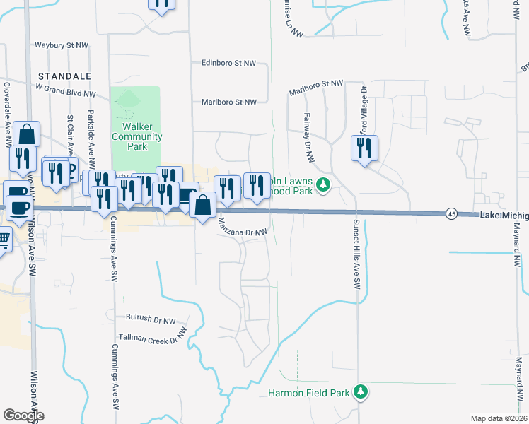 map of restaurants, bars, coffee shops, grocery stores, and more near 3800 Lake Michigan Drive Northwest in Walker
