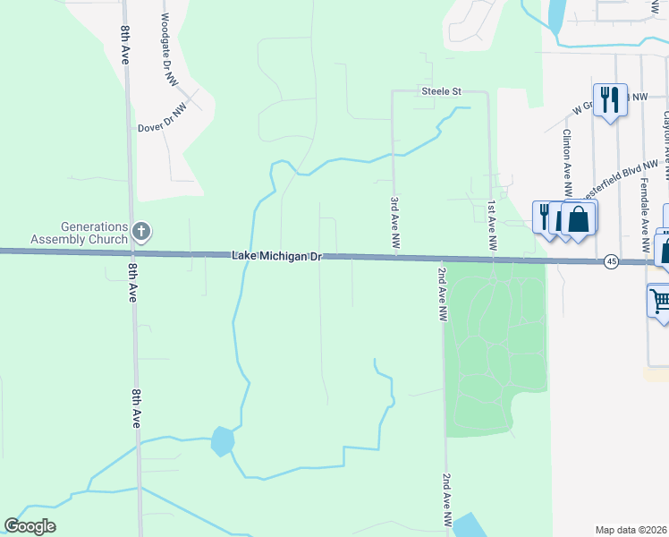 map of restaurants, bars, coffee shops, grocery stores, and more near 418 Lake Michigan Drive Northwest in Grand Rapids