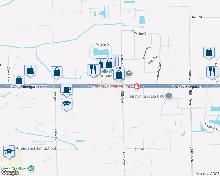 map of restaurants, bars, coffee shops, grocery stores, and more near 6088 Lake Michigan Drive in Allendale Charter Township