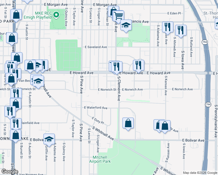 map of restaurants, bars, coffee shops, grocery stores, and more near 1100 East Norwich Street in Milwaukee