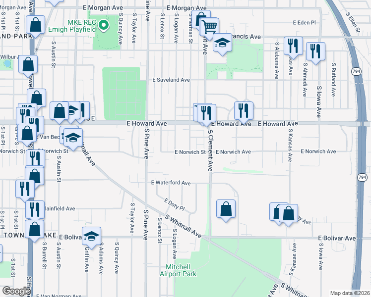 map of restaurants, bars, coffee shops, grocery stores, and more near 1100 East Norwich Street in Milwaukee