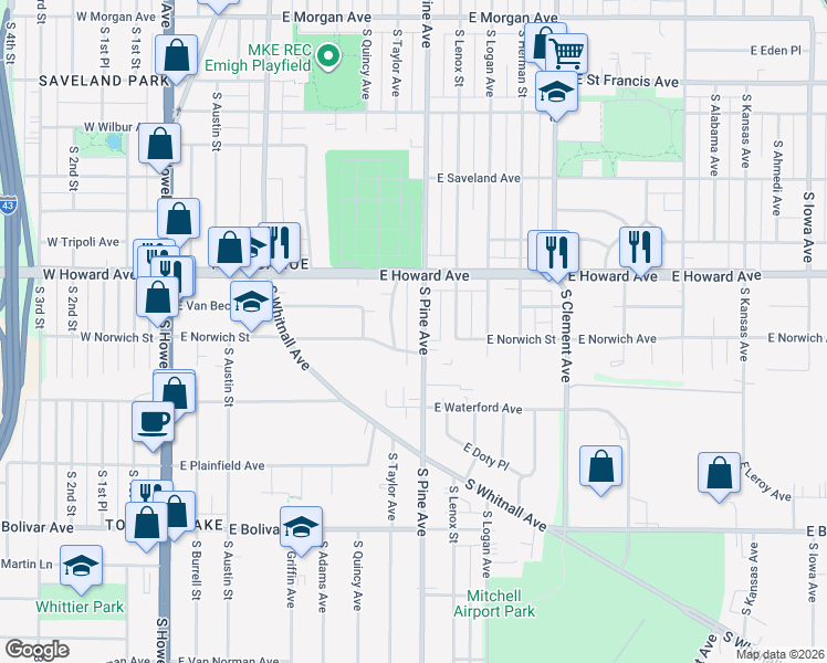 map of restaurants, bars, coffee shops, grocery stores, and more near 3981 South Pine Avenue in Milwaukee