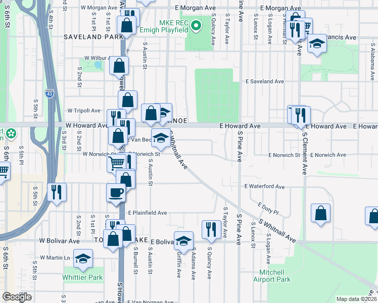 map of restaurants, bars, coffee shops, grocery stores, and more near 414 East Norwich Street in Milwaukee