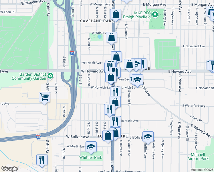 map of restaurants, bars, coffee shops, grocery stores, and more near 122 West Norwich Street in Milwaukee