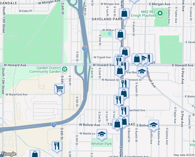 map of restaurants, bars, coffee shops, grocery stores, and more near 3977 South 2nd Street in Milwaukee
