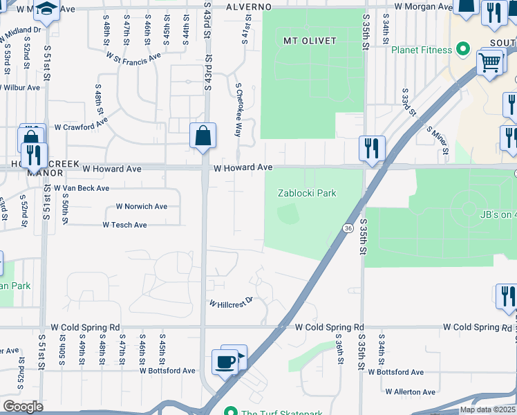 map of restaurants, bars, coffee shops, grocery stores, and more near 3993 South 40th Street in Greenfield