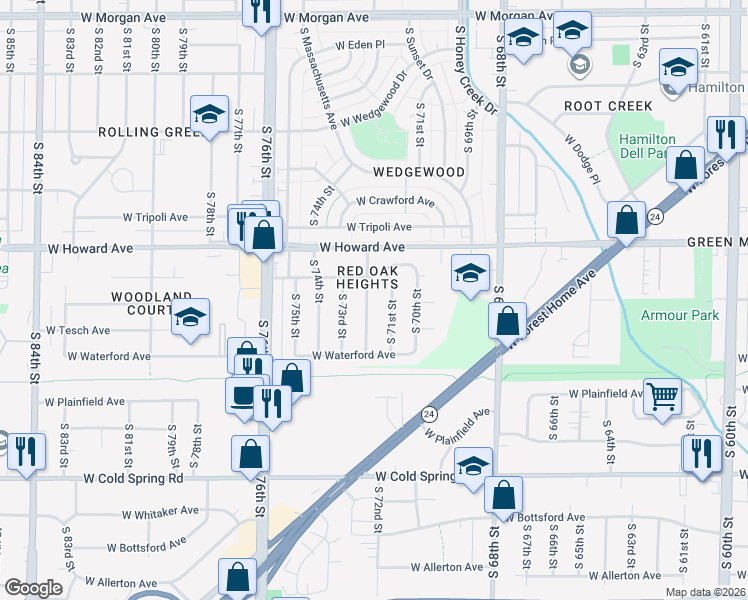 map of restaurants, bars, coffee shops, grocery stores, and more near 3976 South 72nd Street in Milwaukee