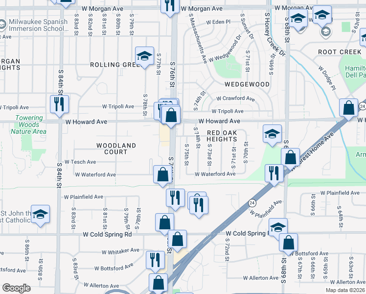 map of restaurants, bars, coffee shops, grocery stores, and more near 3974 South 75th Street in Milwaukee