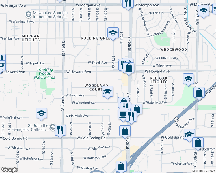 map of restaurants, bars, coffee shops, grocery stores, and more near 7832 West Norwich Avenue in Milwaukee