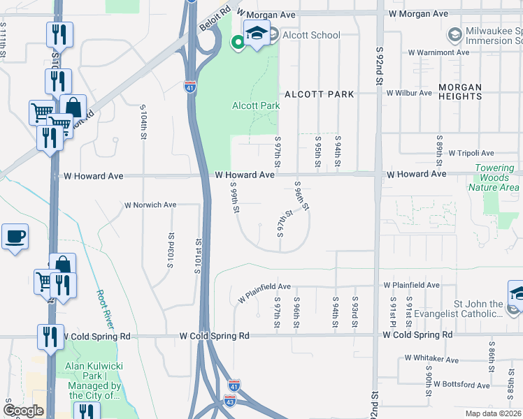 map of restaurants, bars, coffee shops, grocery stores, and more near 9787 West Norwich Avenue in Greenfield