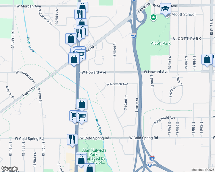 map of restaurants, bars, coffee shops, grocery stores, and more near 3965 South 104th Street in Greenfield