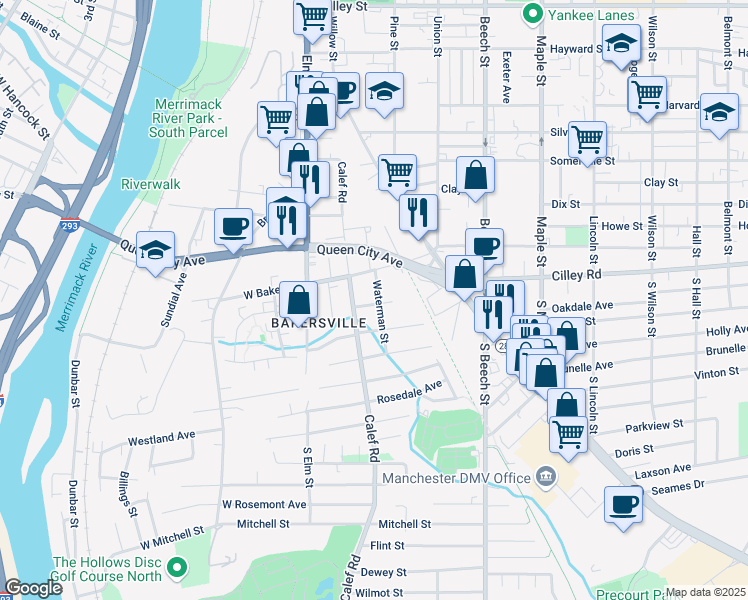 map of restaurants, bars, coffee shops, grocery stores, and more near 38 Garden Street in Manchester