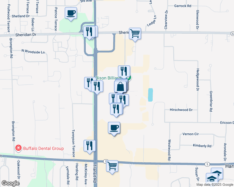 map of restaurants, bars, coffee shops, grocery stores, and more near 4545 Transit Road in Williamsville