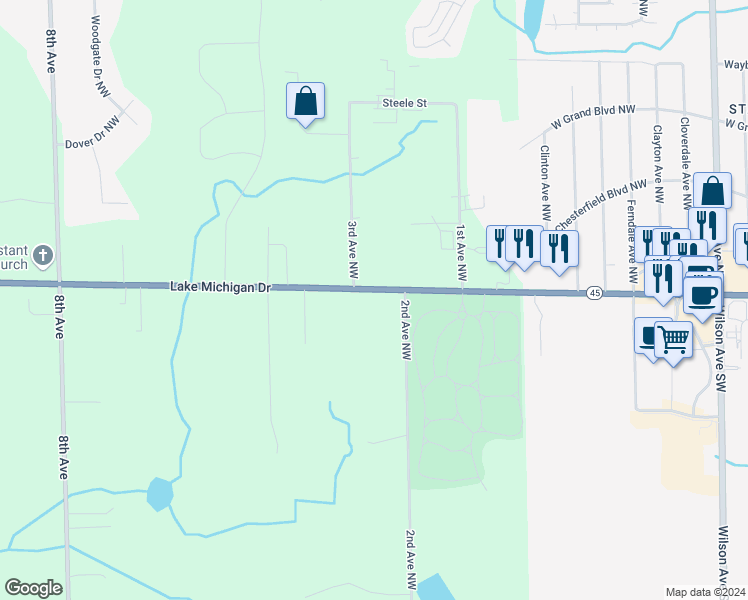 map of restaurants, bars, coffee shops, grocery stores, and more near 250 Lake Michigan Drive in Grand Rapids