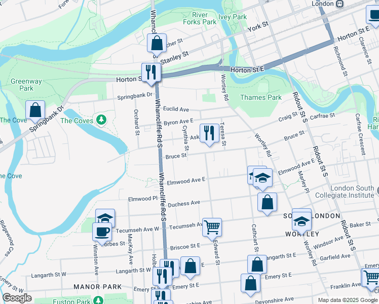 map of restaurants, bars, coffee shops, grocery stores, and more near 42 Bruce Street in London