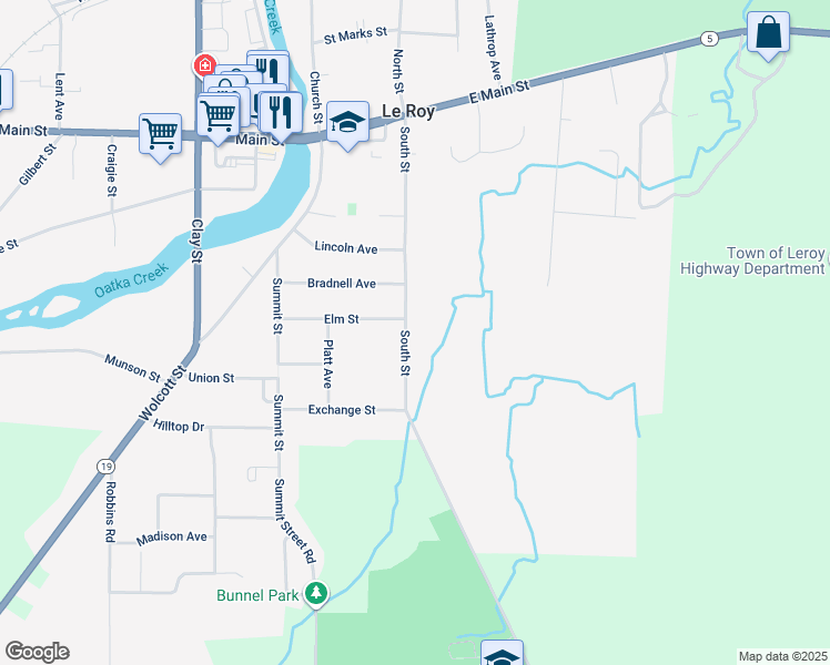 map of restaurants, bars, coffee shops, grocery stores, and more near 71 South Street in Le Roy