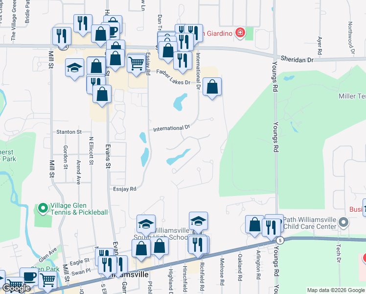map of restaurants, bars, coffee shops, grocery stores, and more near 51 Hidden Ridge Common in Buffalo