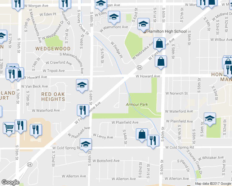 map of restaurants, bars, coffee shops, grocery stores, and more near 6511 West Forest Home Avenue in Greenfield